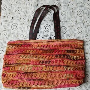 Anthropology Crochet Raffia Flora Bella Beach Tote/Bag Linen Lined With …
